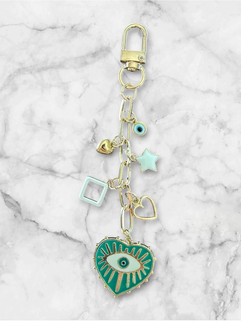 Gold-Tone Green Heart Charm Keychain with Evil Eye and Pastel Charms
